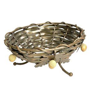 Vintage Woven Copper Bowl Basket Fall Autumn Home Decor Earthy Acorns Leaves